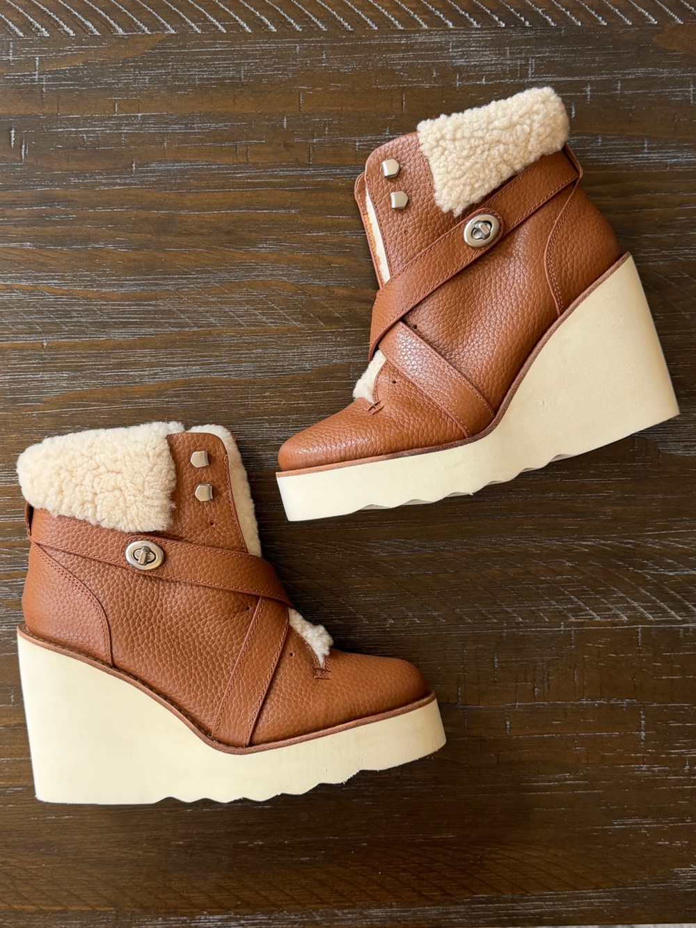Coach Kenna British Tan Leather Shearling Wedge Booties‎